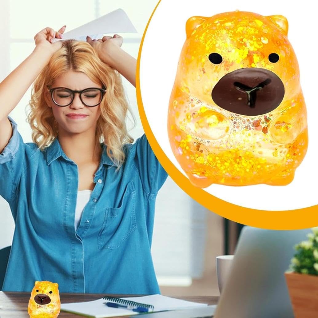 Glitter Capybara Squeeze Balls, Sensory Stress Ball Fidget Toys, Cute Malt Sugar Filled Sensory Fidget Toy, Animal Stress Relief Capybara Toys Stretchy Squeeze Toys for Birthday Party Gift (Yellow)