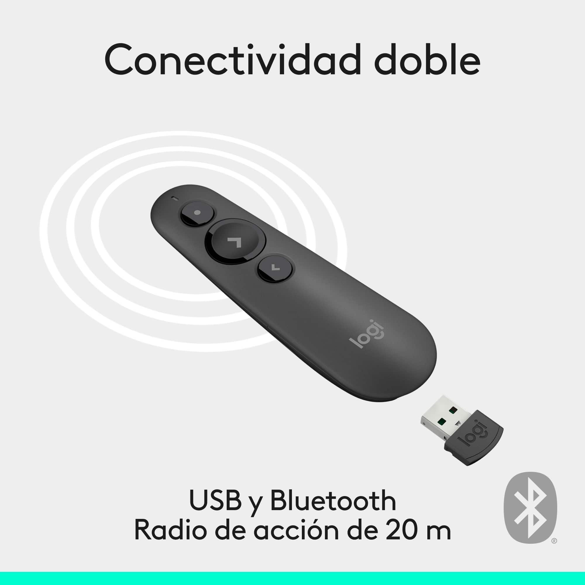 Logitech R500s, Dispositivo de Presentación Láser de Clase 1, Bluetooth y USB, para presentaciones, Compatibilidad Universal, Radio de acción de 20 m, Personalizable – Gris Oscuro