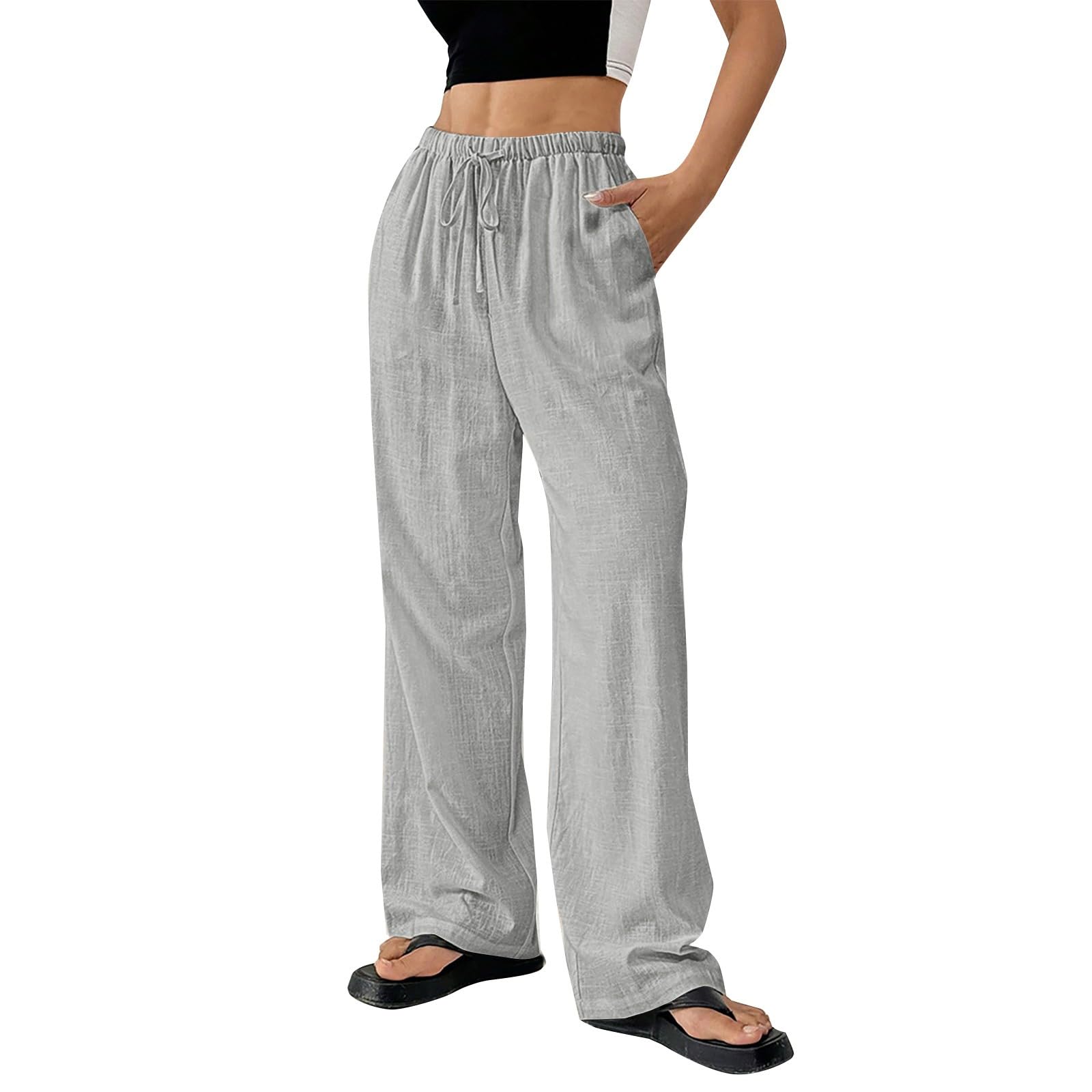 Women's Lightweight Pocketed Linen Trousers, Spring Summer Transitional Pants for City Walking Tours & Open-Air Markets