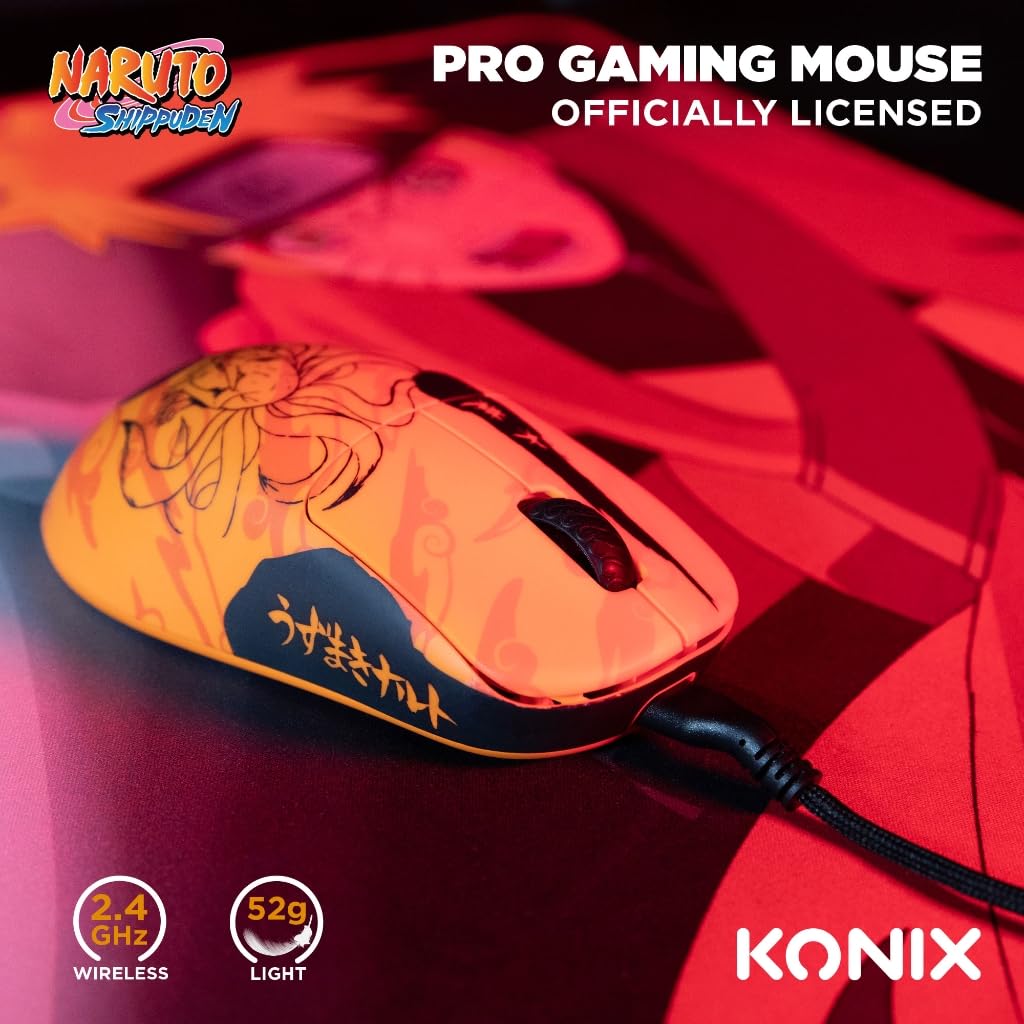 Konix Naruto Shippuden Souris Gaming Filaire/sans Fil PC - Édition Pro Collector Numérotée - 26 000 DPI - Autonomie 70 h - Motif Kurama/Kyûbi - Orange