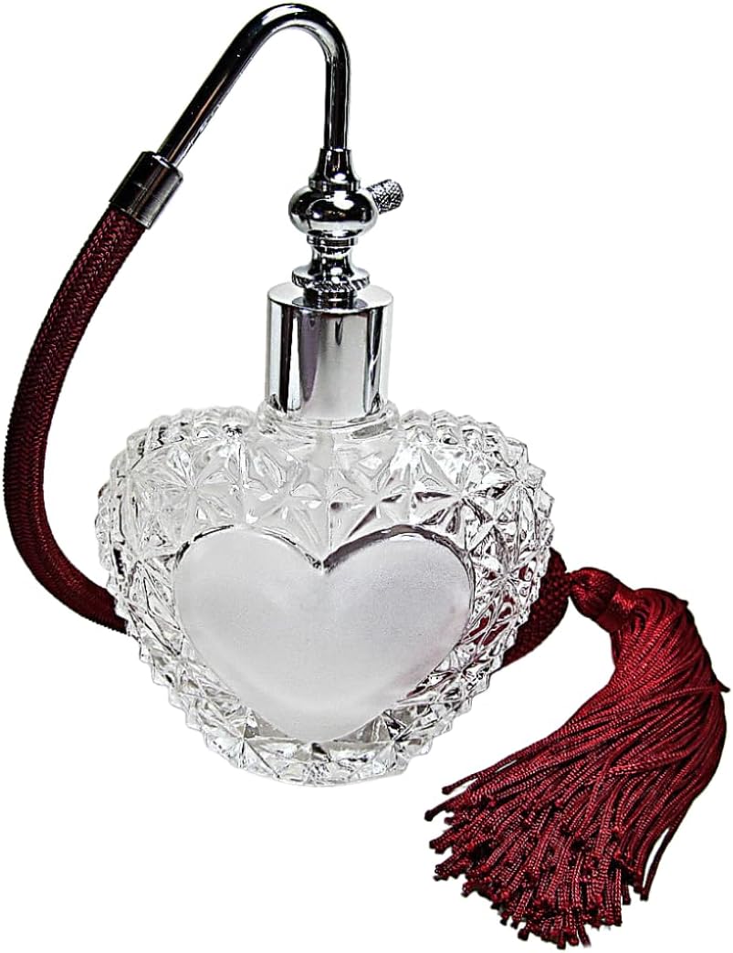 Refillable empty perfume atomizer bottle with squeeze bulb and tassel spray mounting. (Burgundy (Wine) bulb color)