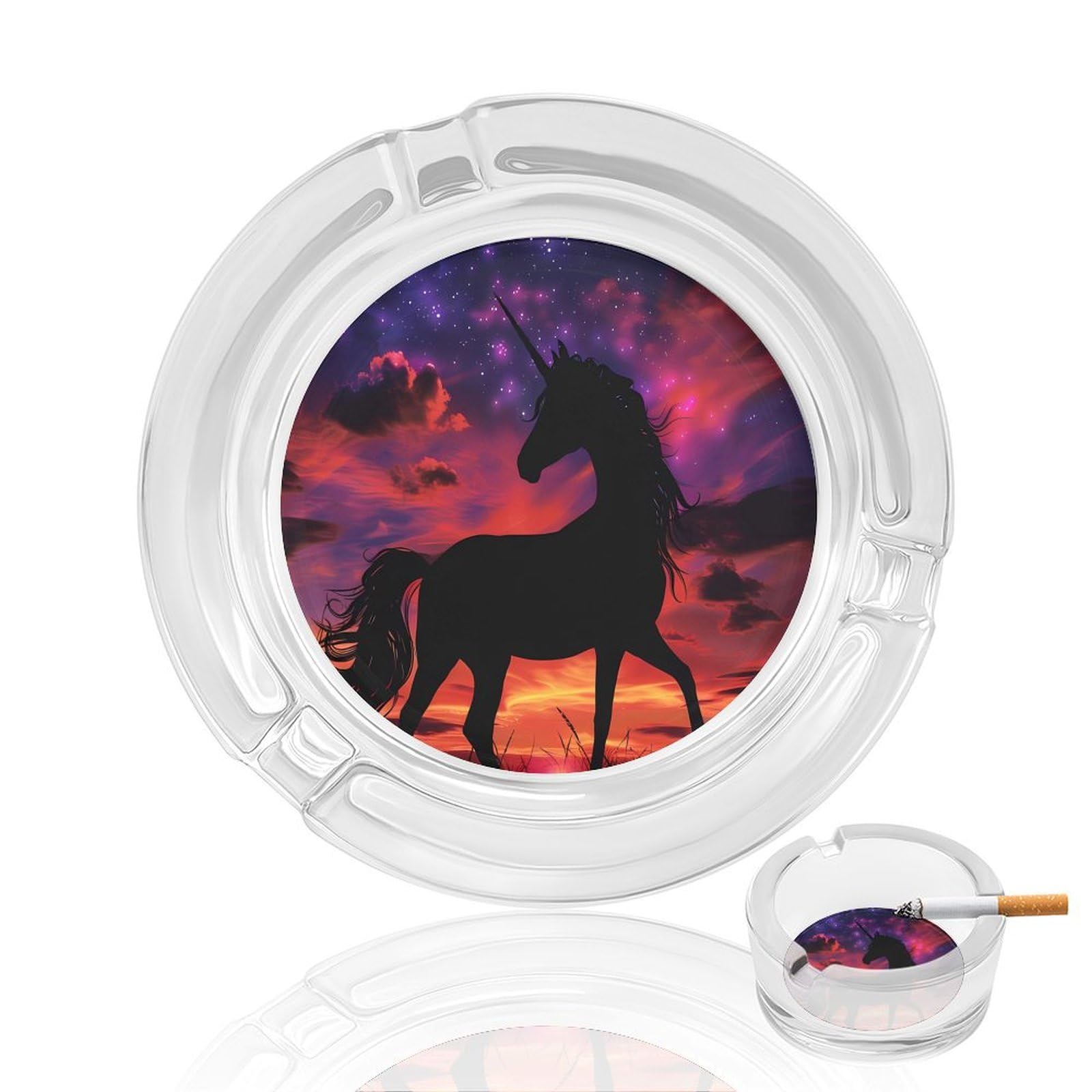 Mystic Sunset Un-icorns Ashtray Portable Round Glass Outdoor Ash Tray for Home Office Garden Pub