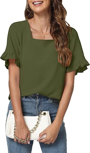 Miniatura 2 de YSYOKOW Womens Summer Casual T Shirts Ruffle Short Sleeve Square Neck Tunic Tops Loose Fit Blouses