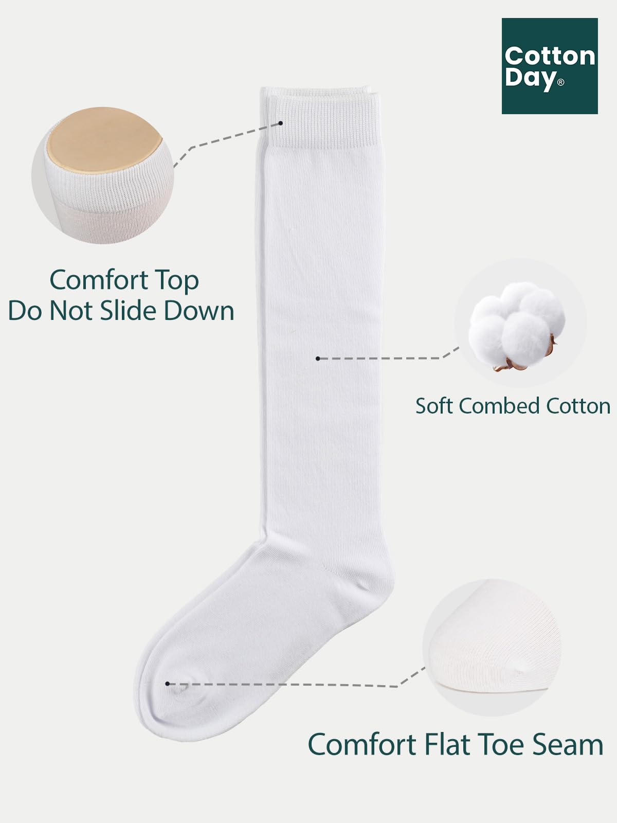 COTTON DAY Calcetines unisex hasta la rodilla para niñas y niñas, sin costuras, 3 unidades, color negro, blanco, gris, azul marino