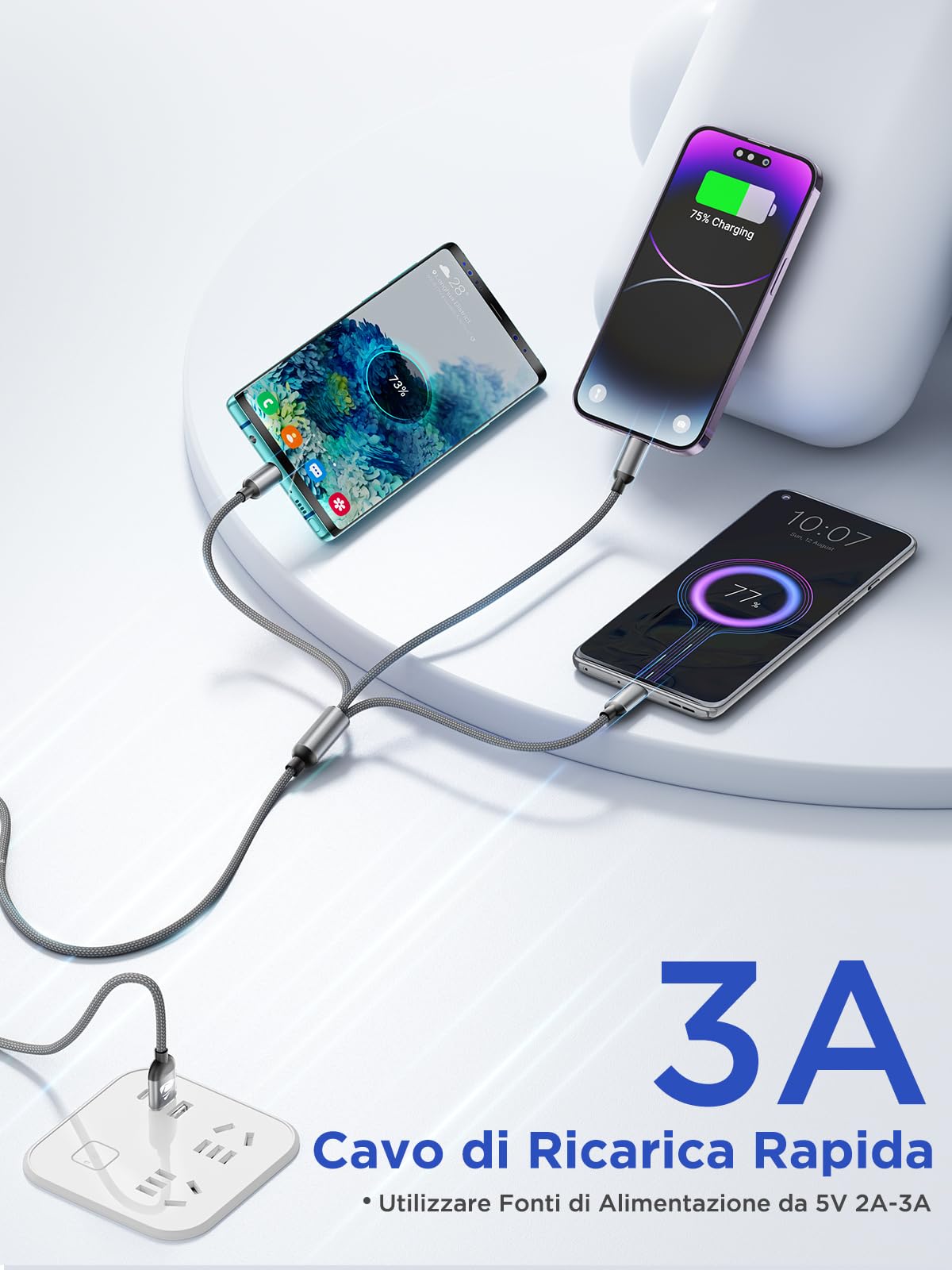 Multi Cavo di Ricarica,3 in 1 Multiplo Cavo USB Type-C 1.2M Ricarica Rapida Filo Caricabatterie Nylon Intrecciato Cavetto Micro USB Tipo C Lightning per Samsung iPhone Huawei Redmi OPPO Android LG PS5