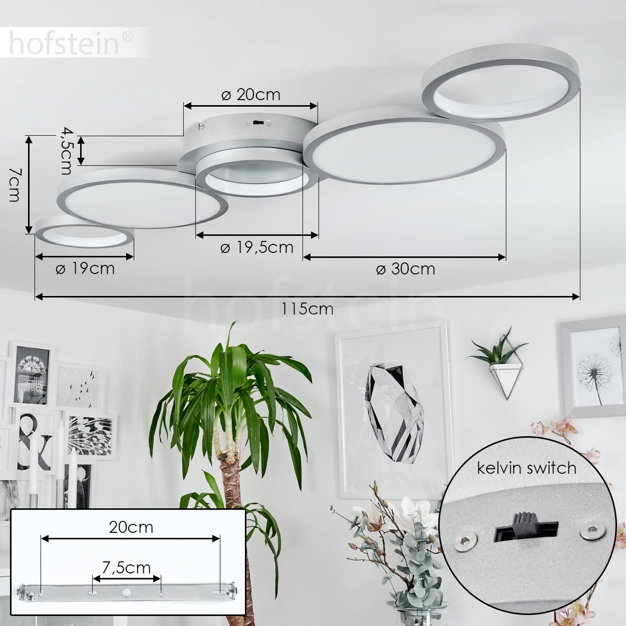 HOFSTEIN LED Deckenleuchte Carabajal, dimmbare Deckenlampe aus Metall in Titanfarben/Weiß, CCT einstellbar 2300-3000-4000 K, dimmbar über Lichtschalter, 5350 L, 46 W, Wohnzimmer, Schlafzimmer, Küche