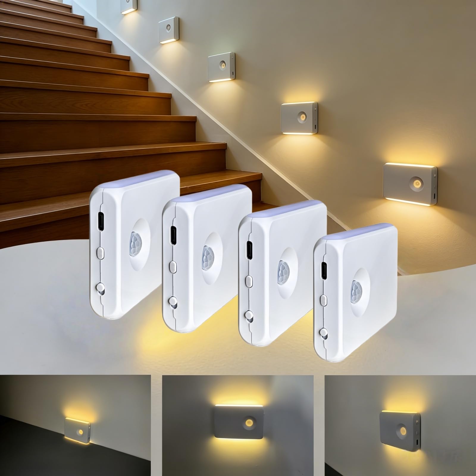 XXHKF Motion Sensor Night Light, Rechargeable LED Closet Lights with Magnetic, Dimmable Battery Powered Stick-on Lights for Stairs, Hallway, Bedroom, Kitchen, Wardrobe (4, Monochrome)