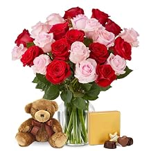 From You Flowers - Two Dozen Red & Pink Roses with Chocolates and a Bear with Glass Vase | Fresh Flower Bouquets for Birthday, Anniversary, Get Well or Celebration