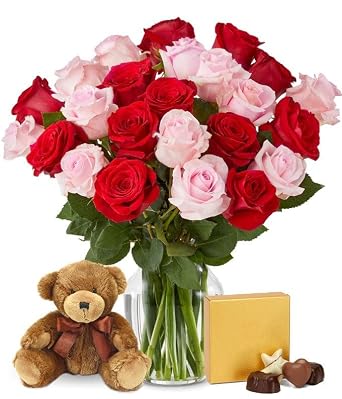 From You Flowers Two Dozen Red & Pink Roses with Chocolates & Teddy Bear in Glass Vase - Fresh Flower Gift Set for Anniversary