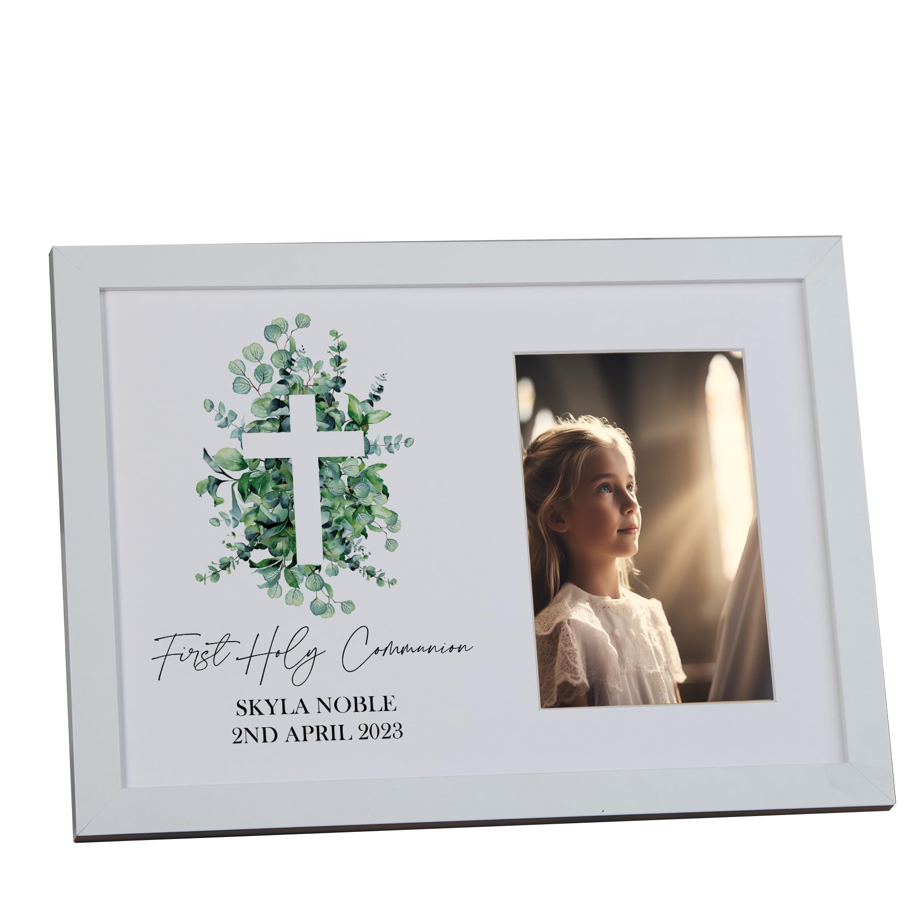 Ukgiftstoreonline White Personalised First Holy Communion Photo Frame Gift With Cross