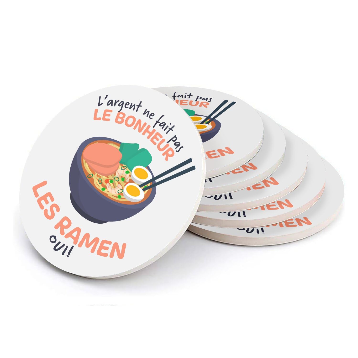 Sous-verres ronds en céramique Ramen - Lot de 6 dessous de verre japonais humoristiques