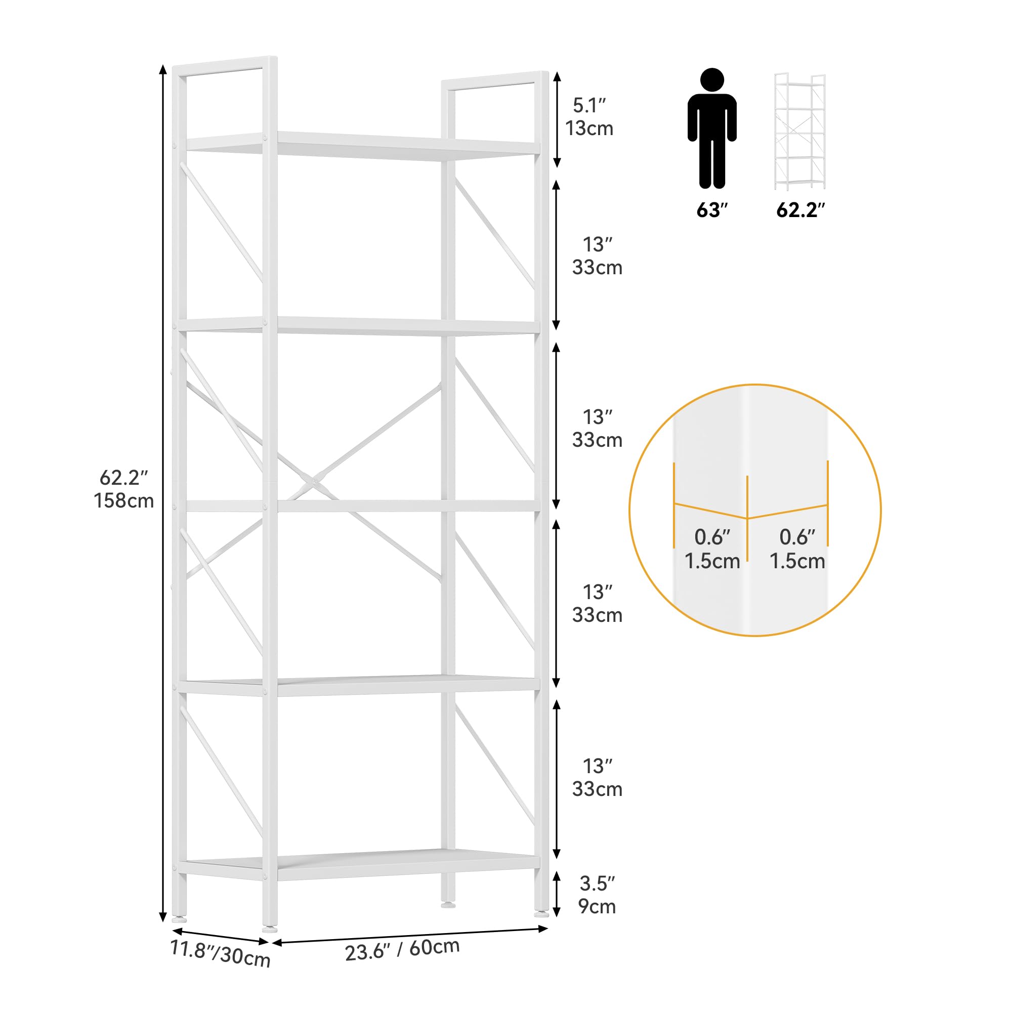 DWVO Scaffale per libri a 5 ripiani, in legno e metallo, libreria industriale, scaffale alto per soggiorno, cucina, camera da letto, scaffale per libri bianco puro