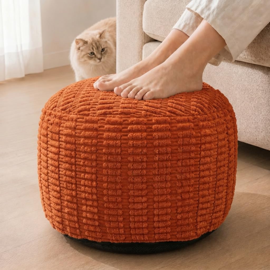 Round Pouf Ottoman, Burnt Orange, 20"x13", Corduroy Foot Rest