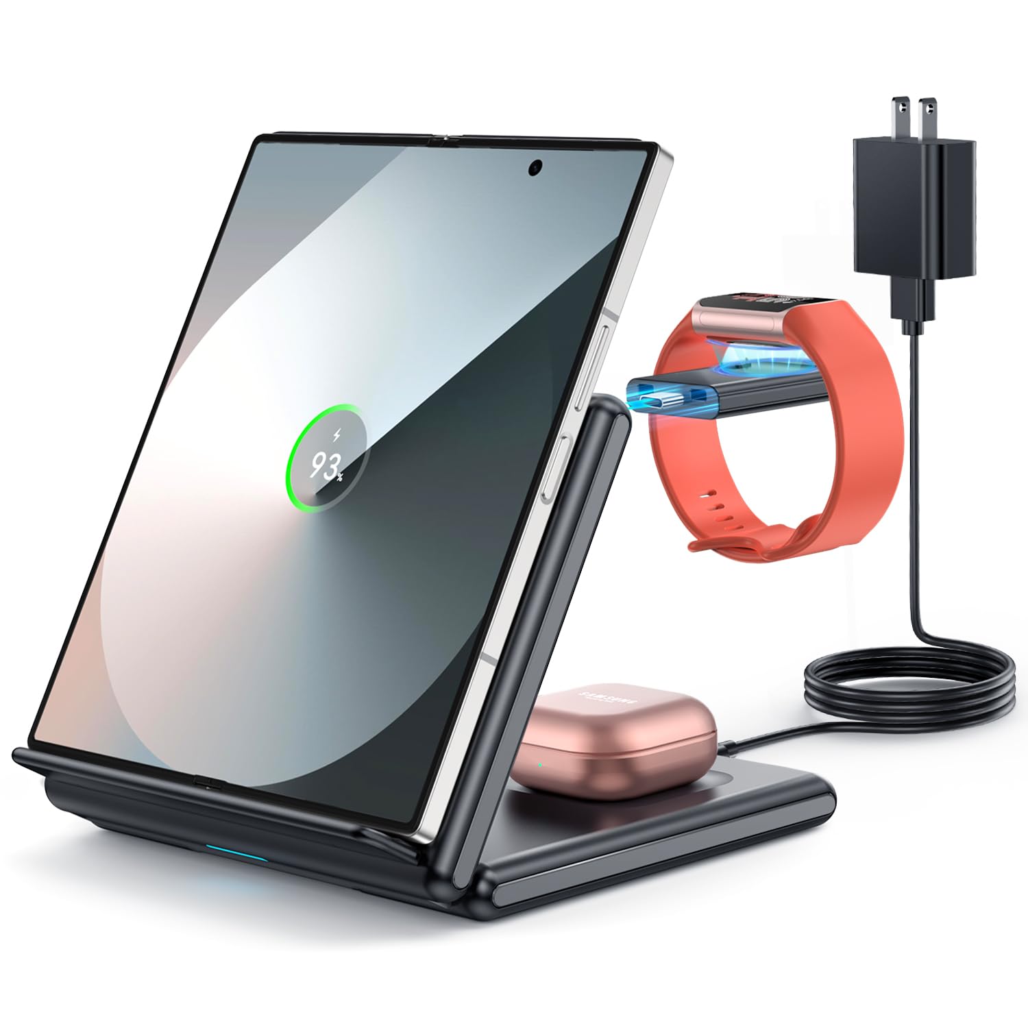 GEEKERA Wireless Charger for Samsung, 3 in 1 Foldable Wireless Charging Station for Samsung Galaxy Z Flip/Fold 6 5 4 3, S24 S23 S22 S21 S20 Ultra Plus, Fitbit Watch Charge 6/5/Luxe, Buds 2 Pro/Live