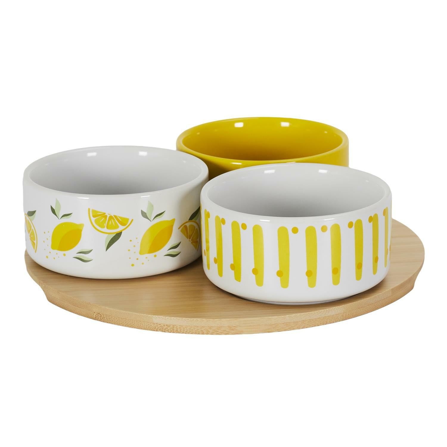 Zestaw bambusowych misek na przekąski, Ø 22 cm, z 3 ceramicznymi miseczkami, kolor biały, żółty, zestaw do serwowania dipów, tapas, talerze, naczynia imprezowe