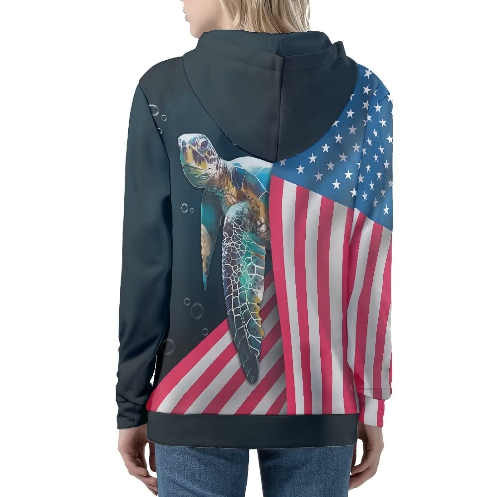 HUIACONG Bluza z kapturem zapinana na zamek błyskawiczny damska bluza z kapturem rozmiar XS-5XL nastolatki sweter, Żółw z flagą amerykańską, M