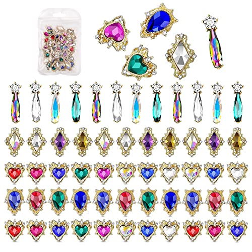 generic 58 Pieces 3D Nail Charms Heart Nail Rhinestone Nail Jewels Rhinestones Colorful Crystals Big Nail Gems Heart Nail Diamonds For Women Nail Art DIY Craft