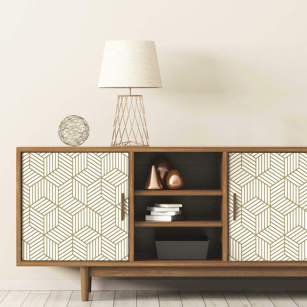 RoomMates RMK10704WP Metallic Gold Striped Hexagon Peel and Stick Wallpaper, White/Gold, 52.1 x 502.9 cm - Image 2