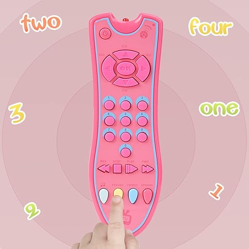 Miniatura 2 de Juguete de control remoto de TV para bebés con luz y sonido, juguete de control remoto realista para niños con inglés, francés, español 3 idiomas,