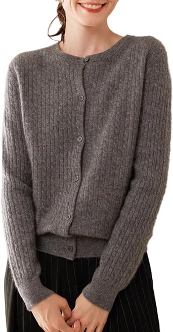 100% Cashmere Crewneck Cardigan | Womens Button-Front Cable Knit Sweater
