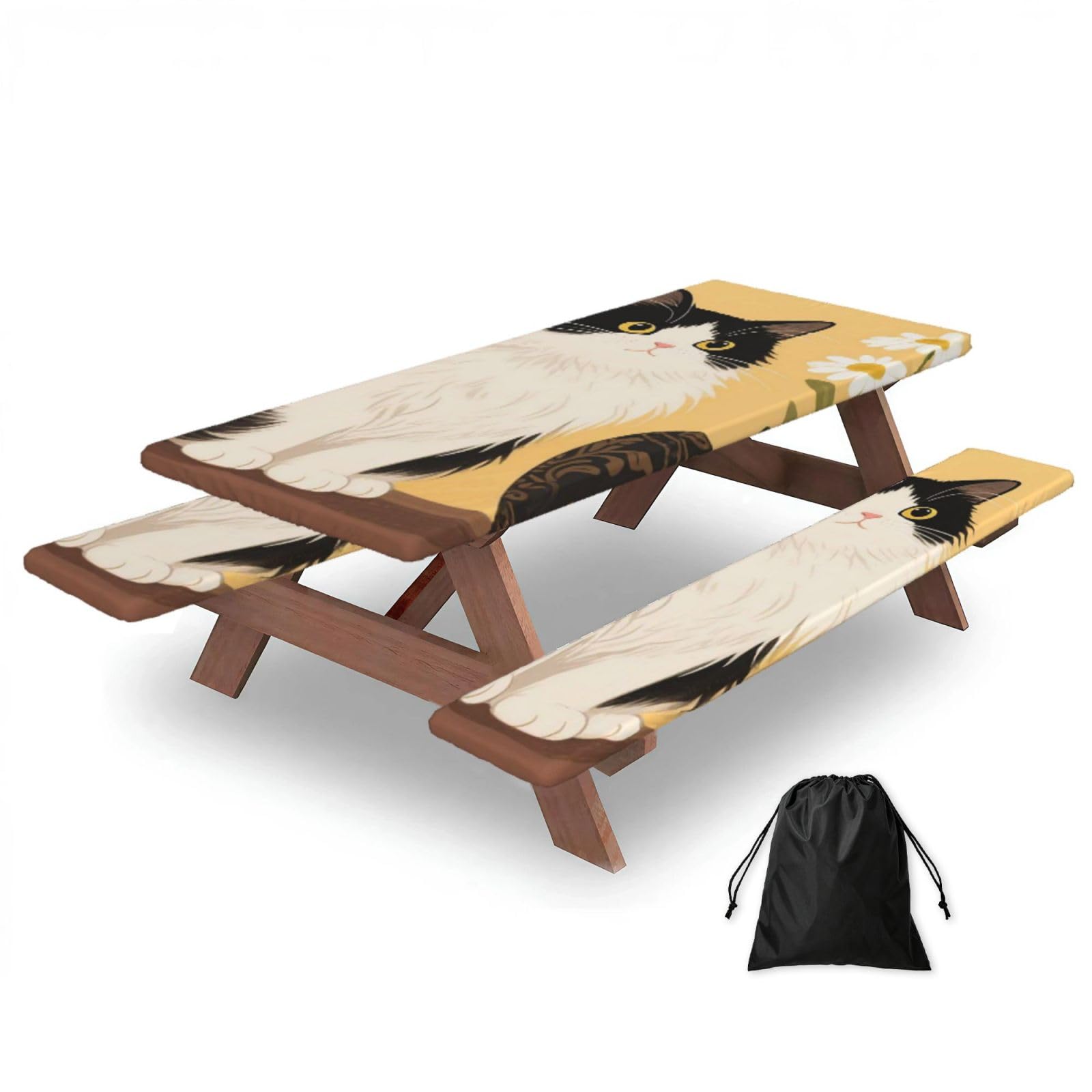 FekiLoot Antique Daisy Cat Picnic Table Cover with Bench Covers and Bag, Windproof Waterproof Rectangle Tablecloth with Elastic Edges Fitted Camping Table Covers Portable Camping Accessories