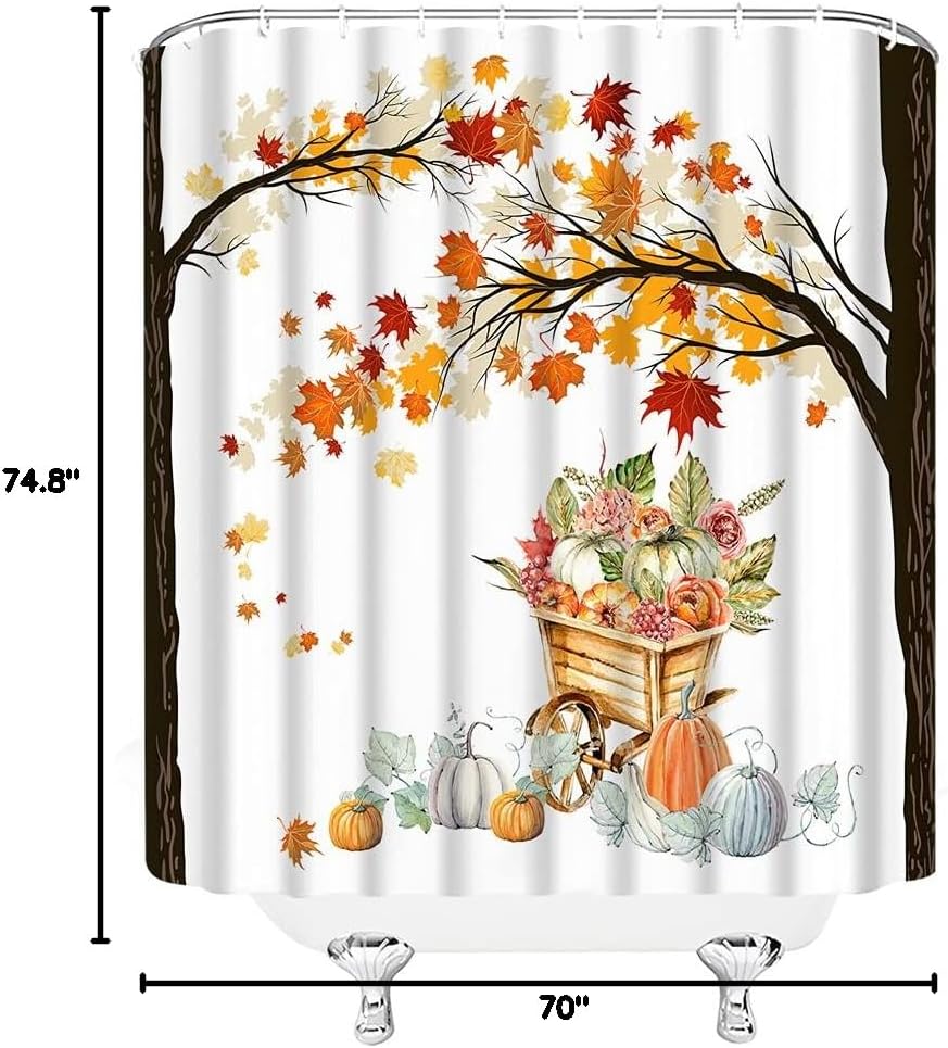 Autumn Shower Curtain Maple Leaves Fall Pumpkin Farm Thanksgiving Season Fallen Leaf Tree Harvest Scene Fabric Bathroom Decor Set with Hooks（70" Wx74.8 H）