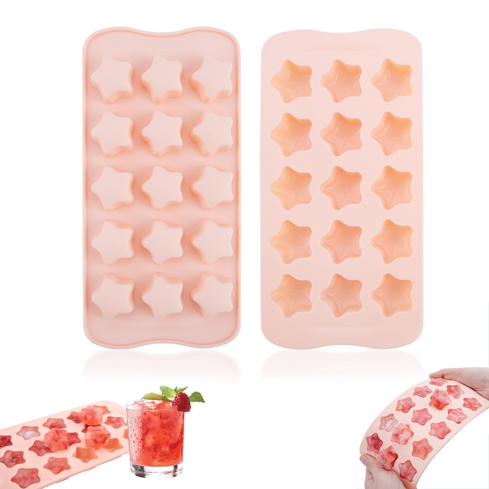 Silicone Chocolate Mold Reusable 15 Star Shaped Cavity Ice Cube Mold for Cake, Candy, Jelly, Pet Treats Toys (1, Pink)