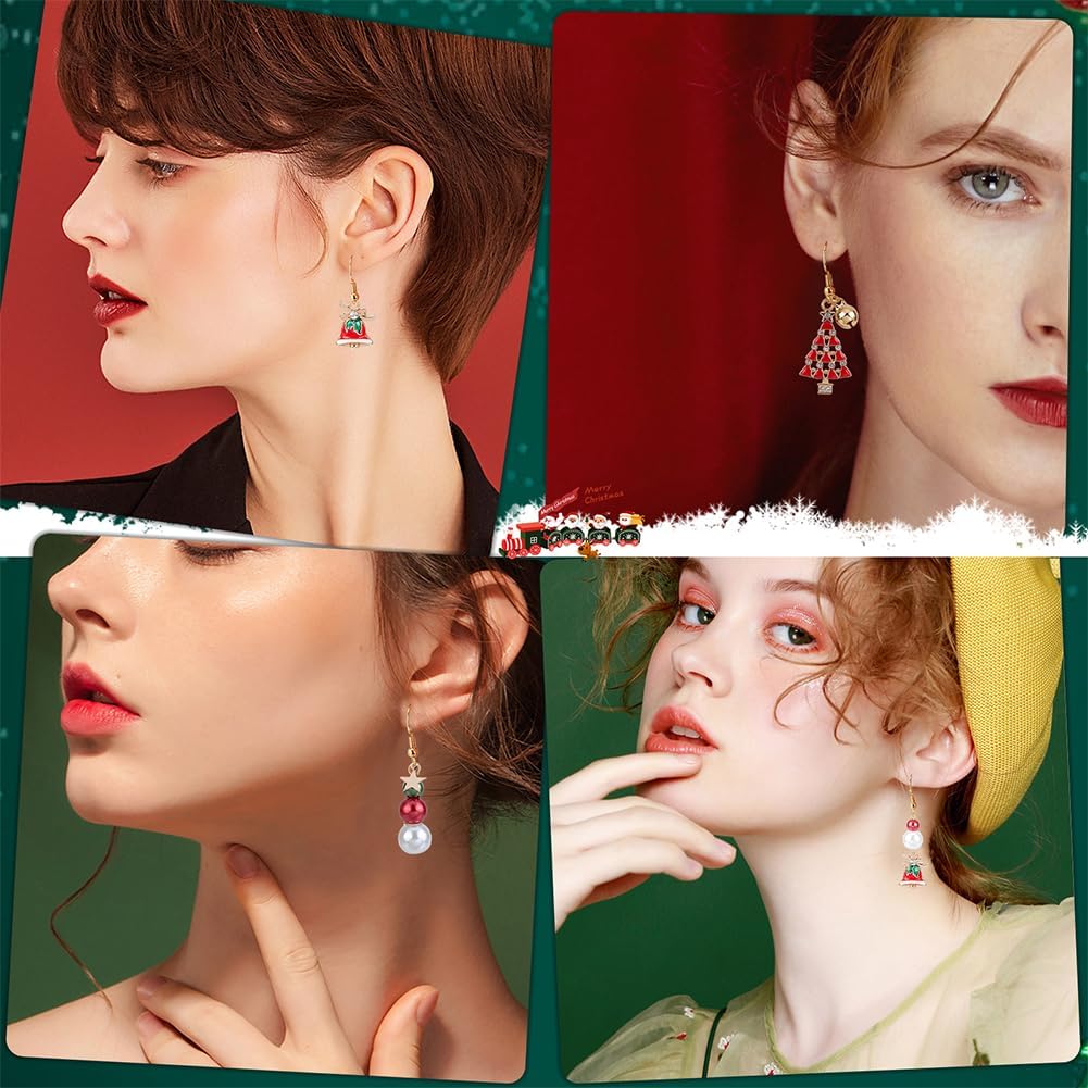 SUNNYCLUE 1 Box DIY 10 Pairs Christmas Enamel Charms Earring Making Kit Jingle Bell Pendants for Jewelry Making Rhinestone Christmas Charms Snowflake Santa Claus Bowknot Jewelry Connectors Adult Women
