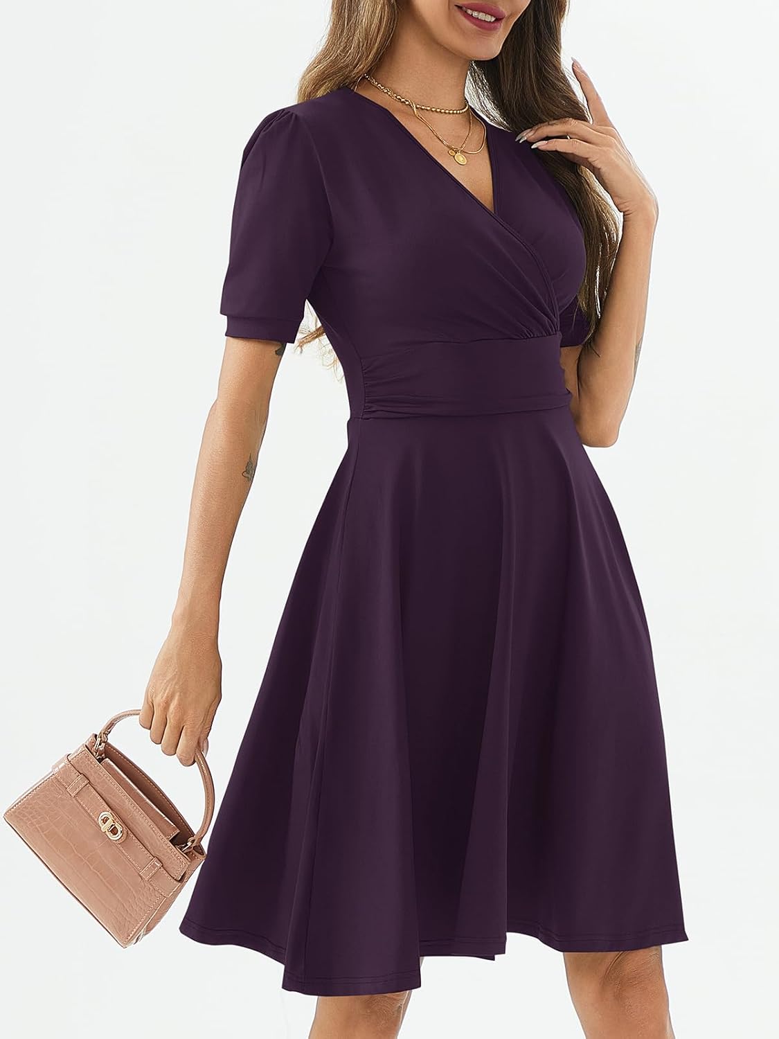 Women's Summer Casual Dress Short Sleeve Wrap V-Neck A-Line Dress Sundress Wedding Guest Cocktail Midi Dresses - Image 5