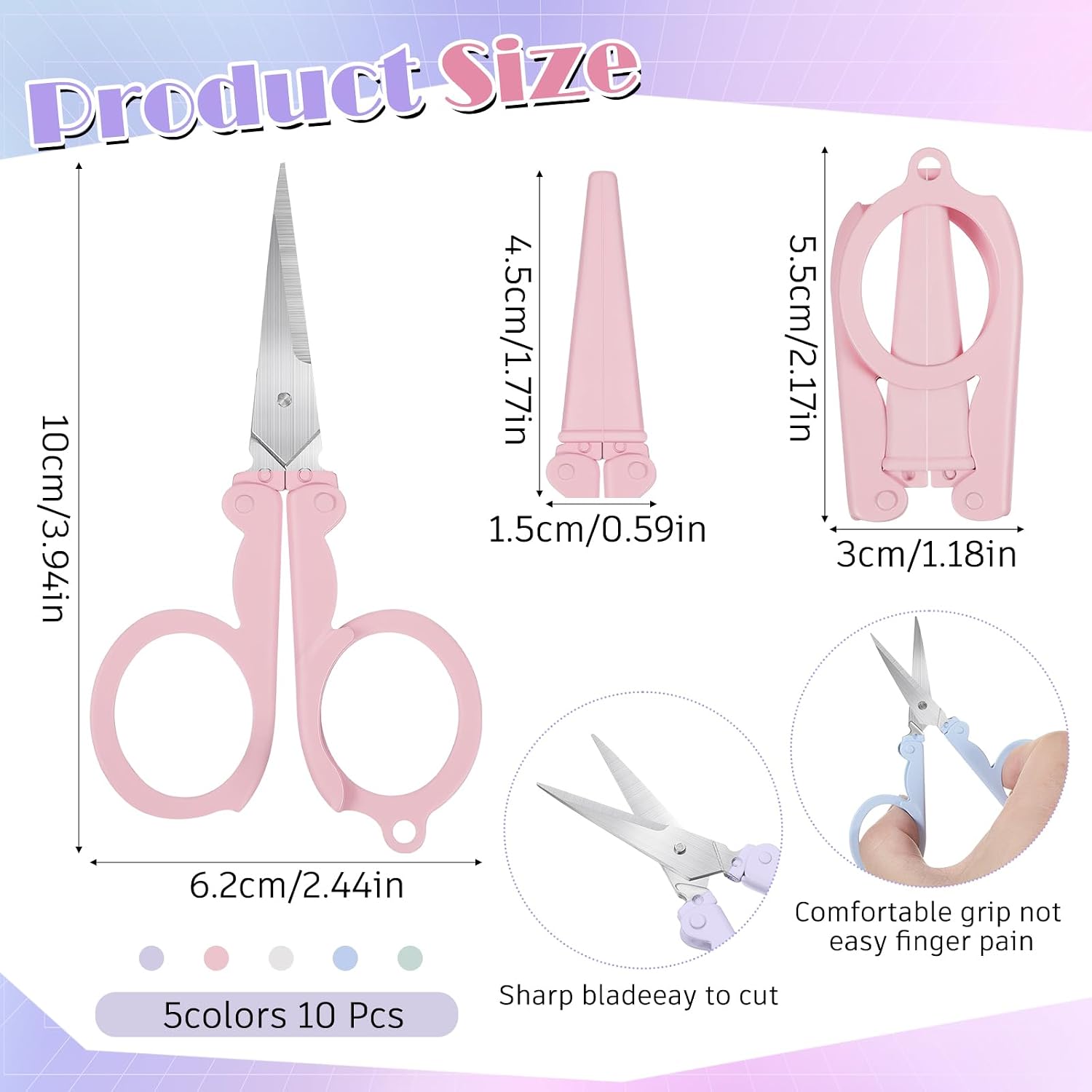 10 Pcs Pastel Mini Folding Scissors with Safety Cap Small Stainless Steel Telescopic Little Travel Badge Reel Scissors Portable Tiny Cutter for Nurse, School, Home, Cutting