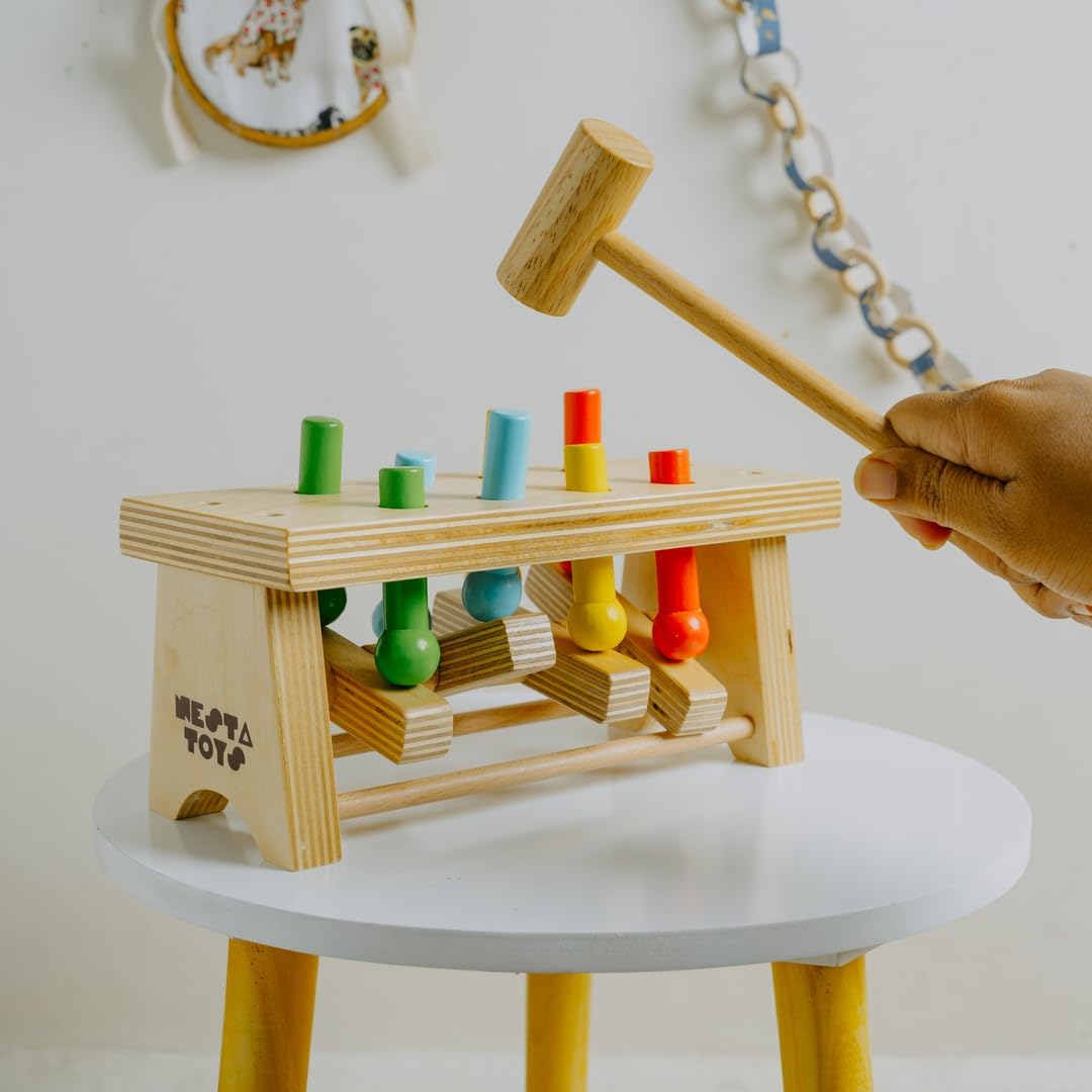 NESTA TOYS Wooden Pounding Bench Toy with Mallet | 8 Colourful Pegs - Flip, Pound & Repeat | Musical Toy - Sound on Every Hit | Builds Hand-Eye Coordination & Cause-Effect Learning | Ages 1-3 Years