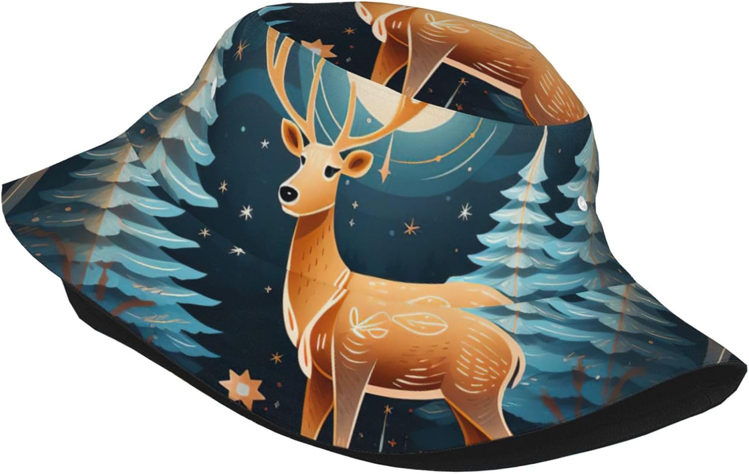 Xmas Gift Deer Print Sun Hat Outdoor Fisherman Cap Summer Bucket Hat Beach for Men Women Black