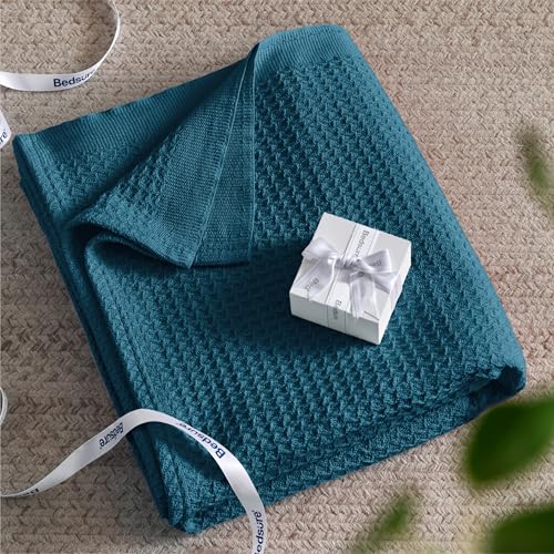 Image of Bedsure 100% Cotton Throw Blanket for Couch 50x70 inches - Cooling Breathable and Soft for Summer, Waffle Weave Throw Blanket for Office, Teal