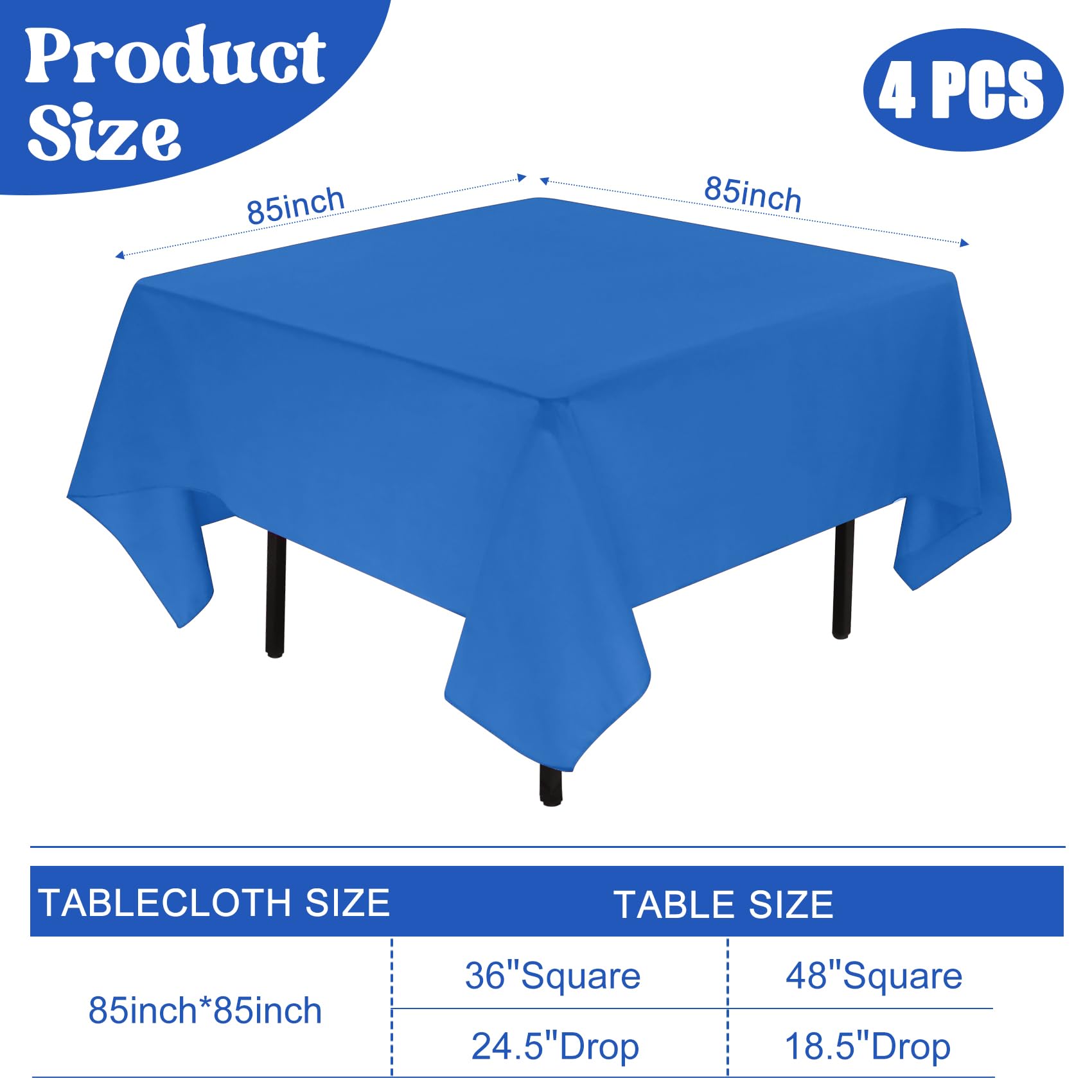 Paquete de 4 manteles cuadrados de 85 x 85 pulgadas, color azul, lavables a máquina, de tela de poliéster, para comedor, fiestas de bufé, picnic, eventos, bodas y restaurantes (azul)