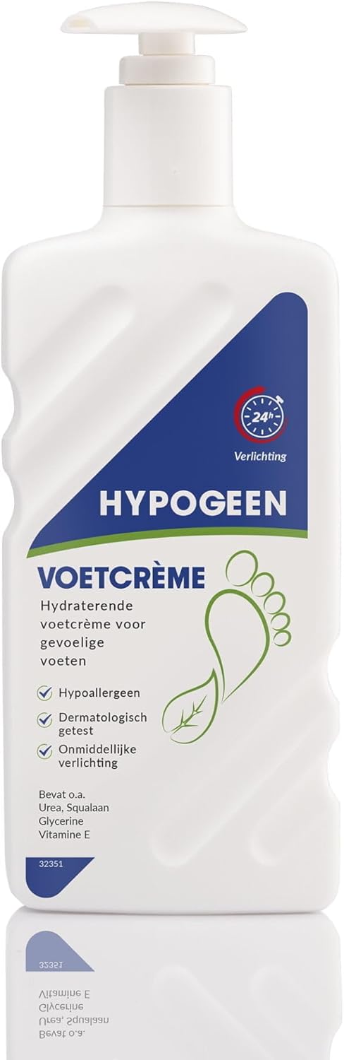 Hypogeen Voetcrème – hypoallergeen – voor koude, droge & gevoelige voeten – met squalaan – PH neutraal – hydraterende voetcrème met ureum – pompflacon 300ml