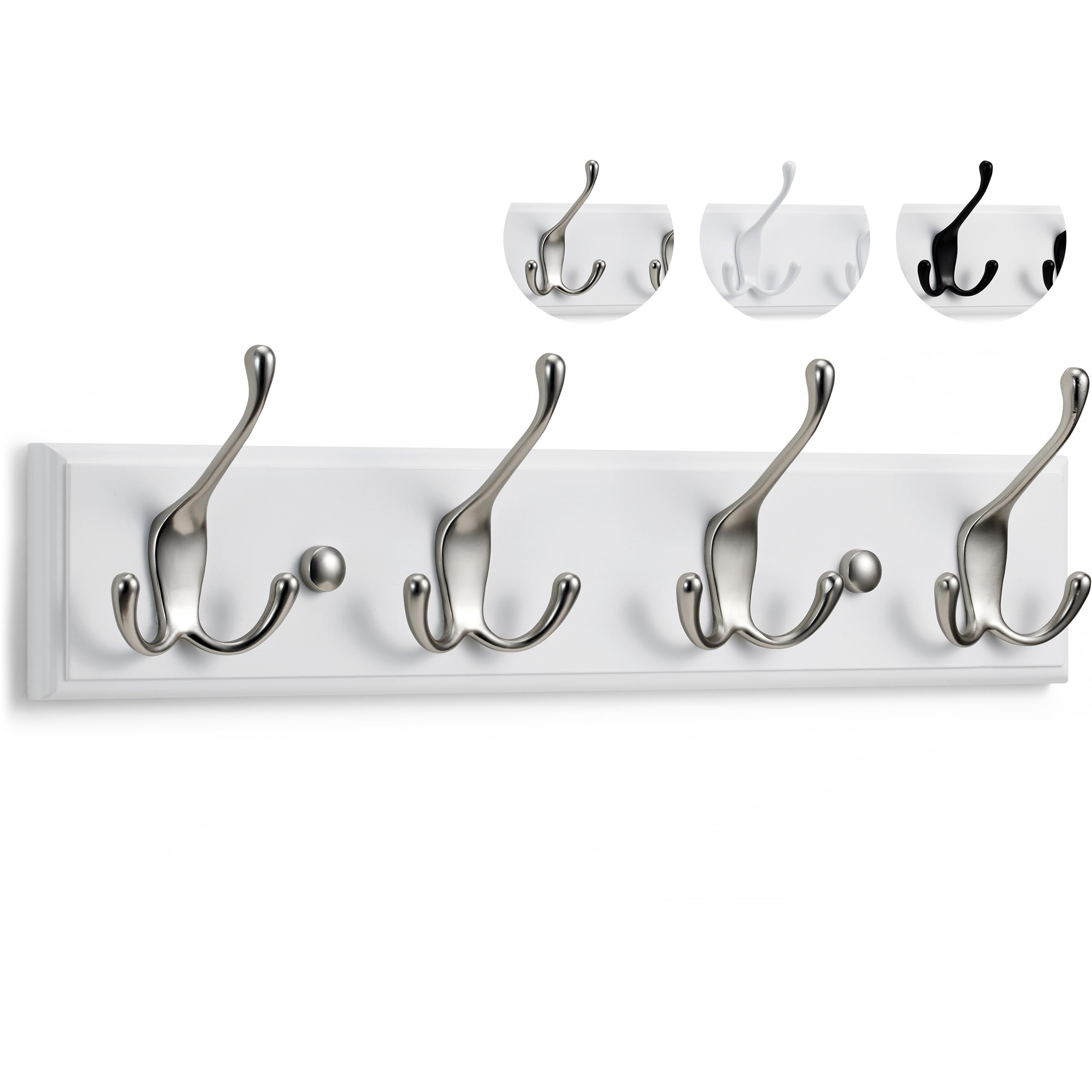LARHN Wall-Mounted Coat Rack - 4 Matt-Nickel Triple Coat Hooks for Wall on White Wooden Bamboo Base - 42 cm - All Fixings Included