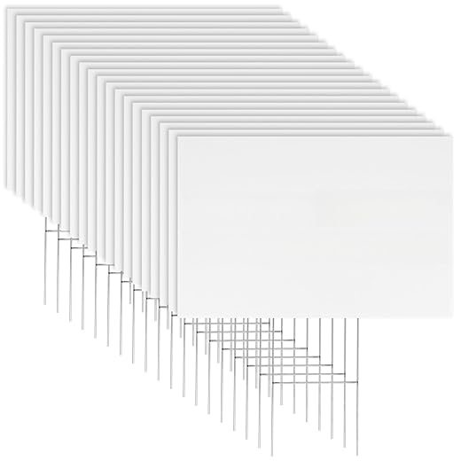 20 Pack 17 x 12 Inches White Corrugated Plastic Yard Sign with Metal Stakes for Birthday, Real Estate Garage Sale Signs, Rent, Guidepost Decorations