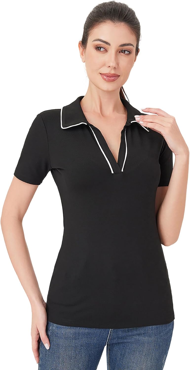 AmélieBoutik Women Collared V Neck Short Sleeve Polo Shirt Knit Slim Fitted Casual Tops - Image 3