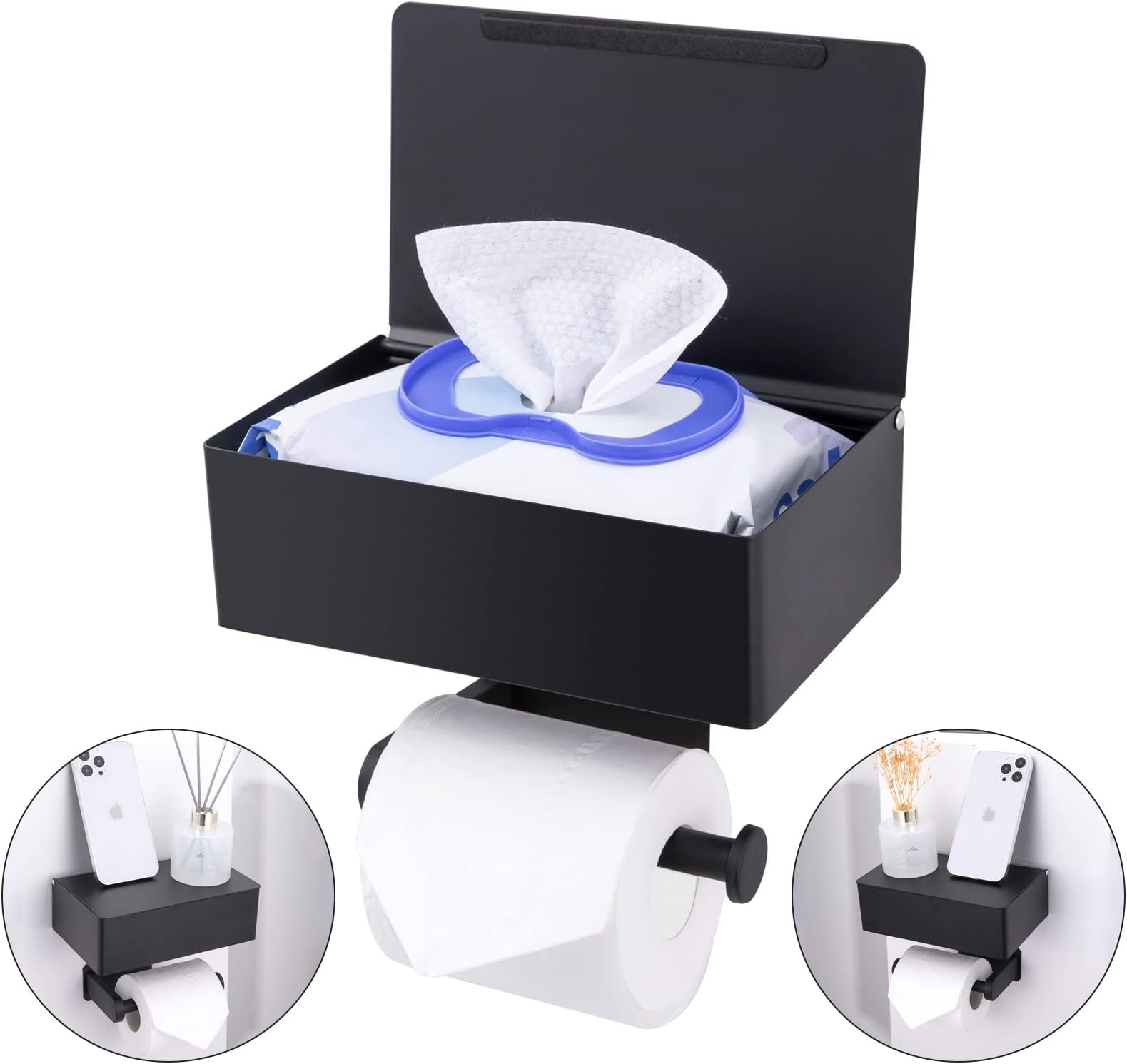 Adhesive Toilet Paper Holder with Shelf and Storage, Wall Mount Toilet Paper Roll Holder & Flushable Wipes Dispenser Set Fits Any Bathroom, Stainless Steel Tissue Holder-Round, Black