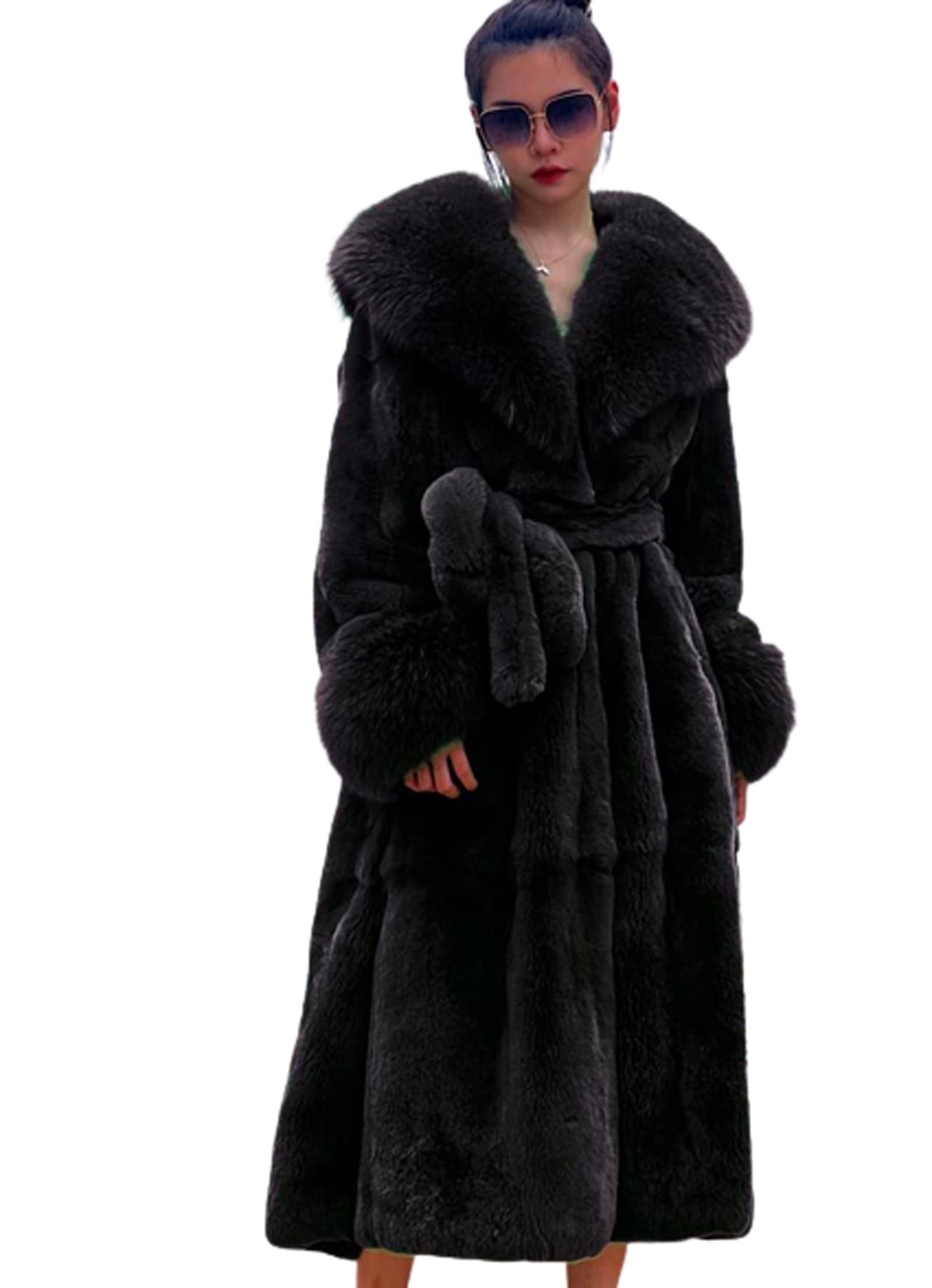 Womens Winter Fur Collar Coats, Women Faux Furs Coat Warm Outerwear Long Coat, Ladies Loose and Casual Outwear,Black,S