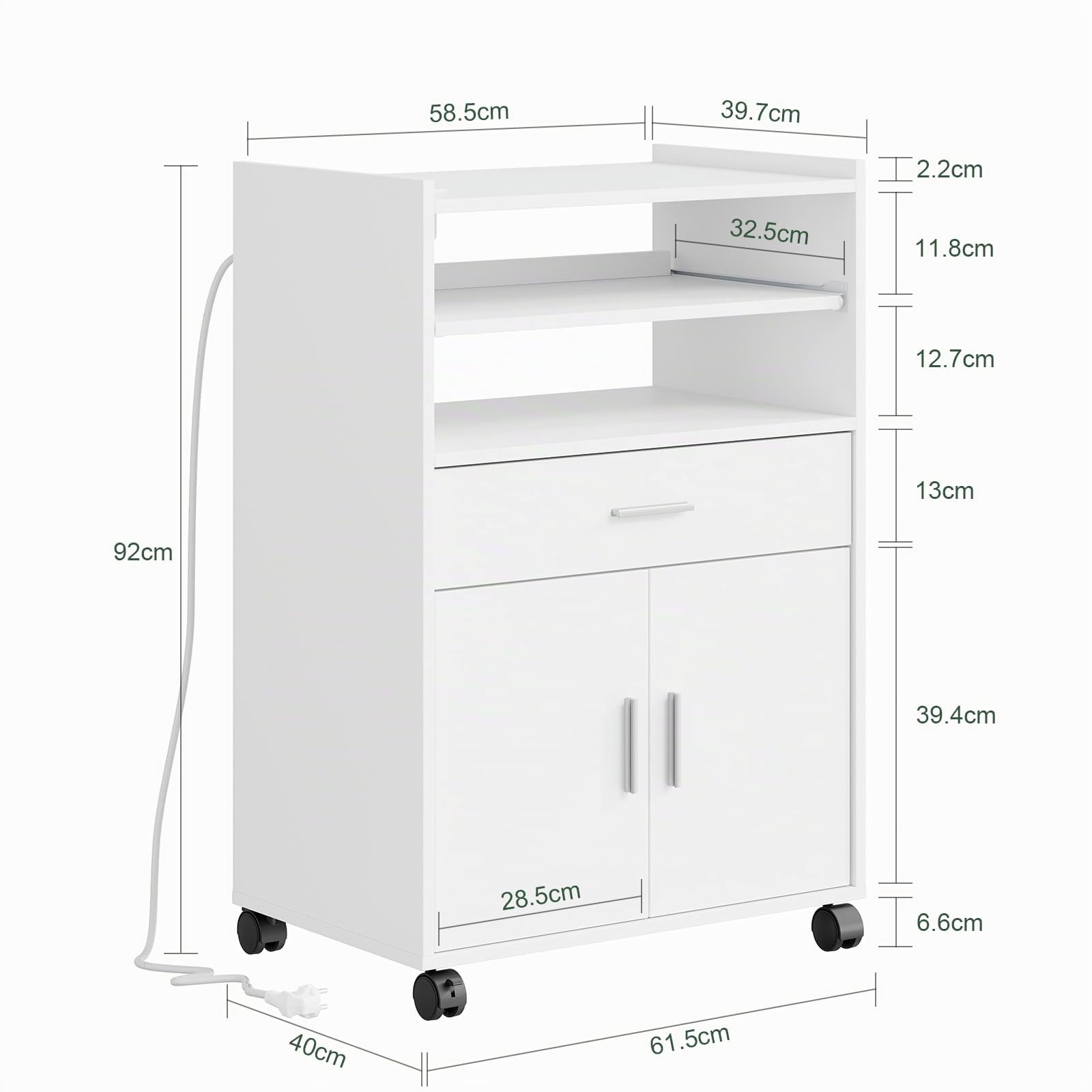 SoBuy Mikrowellenschrank mit 4-in-1-Ladestation für Küche 61,5×40×92 cm | Küchenwagen mit Arbeitsplatte, flexibel mit 4 Rollen (2 feststellbar) oder 4 Standfüßen nutzbar, aus PB und MDF, FSB09-E-W