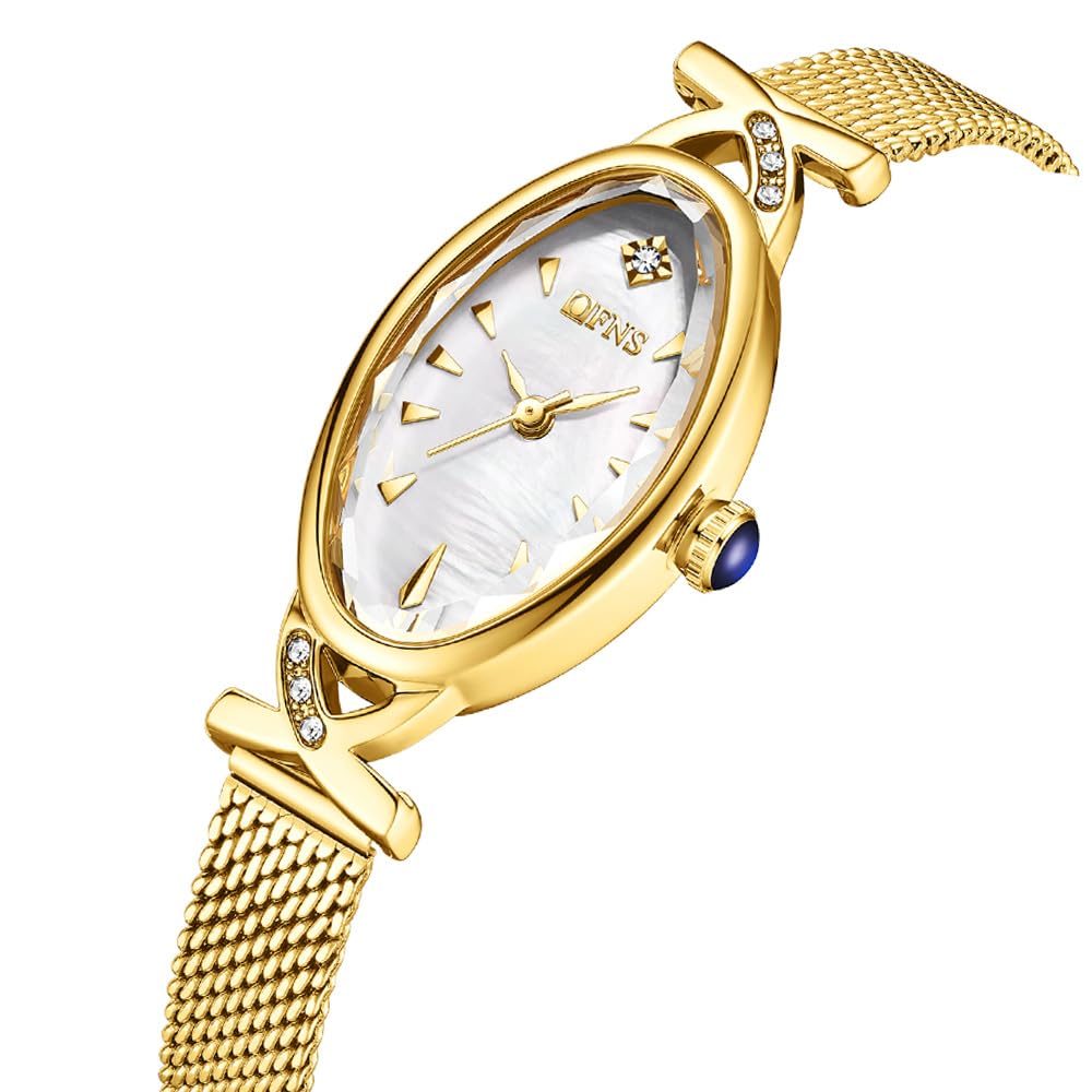 FANMIS Goldene Damen-Armbanduhr, Vintage, oval, Damenarmband, wasserdicht, elegantes Diamanten-Design, Quarzuhren, Leder- oder Mesh-Band