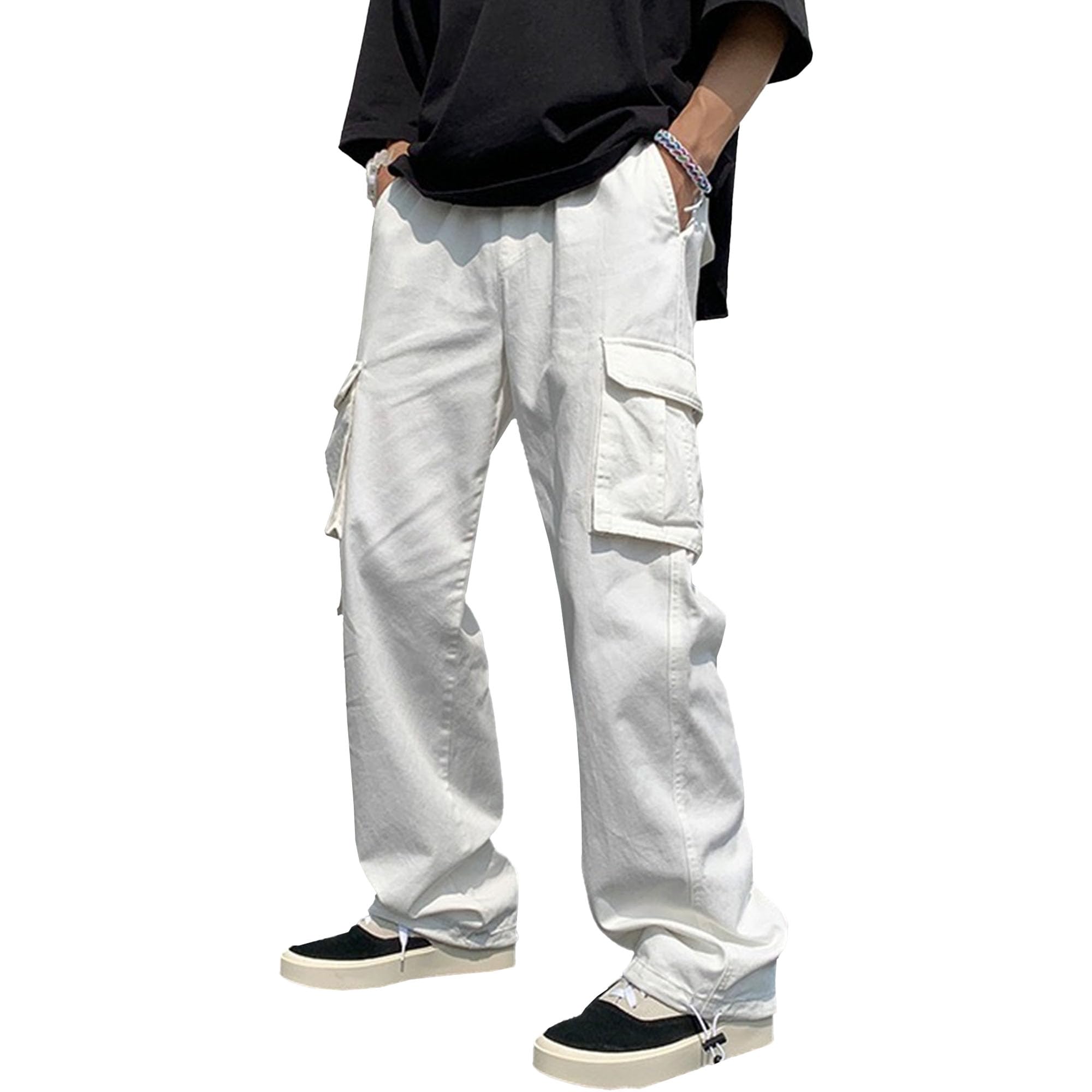 Maiyifu-GJ Men's Jogger Sweatpants Open Bottom Warm Fleece Lined Cargo Pants Relaxed Fit Tapered Work Pants with Pockets (White4,X-Large)