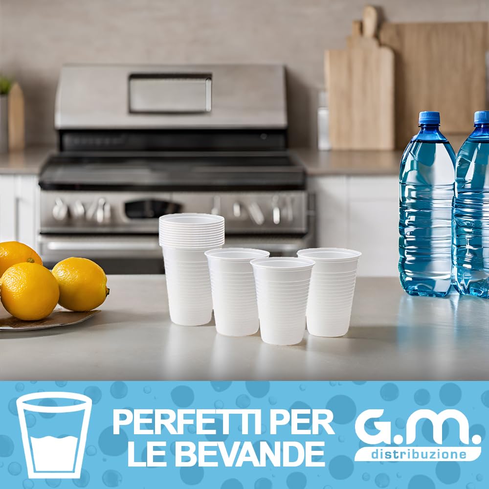 1000 Bicchieri Acqua in Plastica Bianchi da 200 ml, Riciclabili, Extra Rigidi e Super Resistenti, Usa e Getta, Ideale per Casa, Ufficio, Asporto Bevande Fredde (3 formati disponibili)