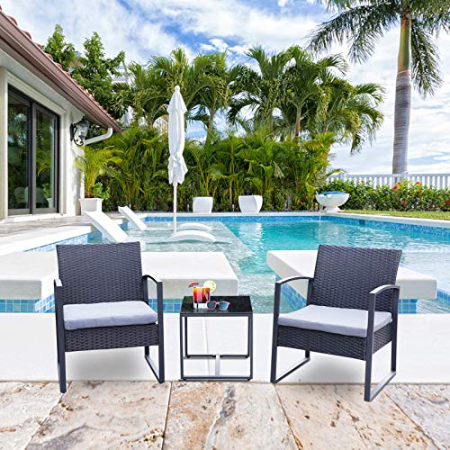 Viewee 3 Pieces Patio Rattan Sets, Modern Outdoor Furniture with 2 PE Rattan Chairs, 2 Thicker Cushions and 1 Square Metal Side Table for Indoor and Outdoor Porches, Decks and Balconies - Thumbnail 7