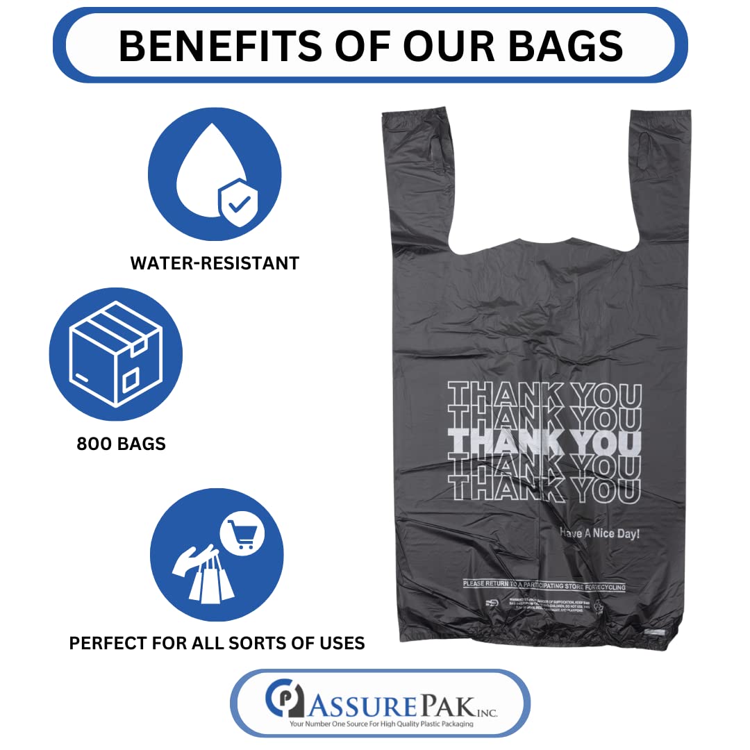 Retail Bags Direct Plastiktüte Thank You, silberner Druck, schwarz, T-Shirt-Tasche, 29,2 x 16,5 x 54,6 cm, 13 Mikron, 800 Beutel