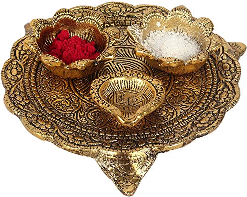 Prince Home Decor & Gifts White Metal Gold Plated Pooja Thali Set for Home Decor and Festive Decor