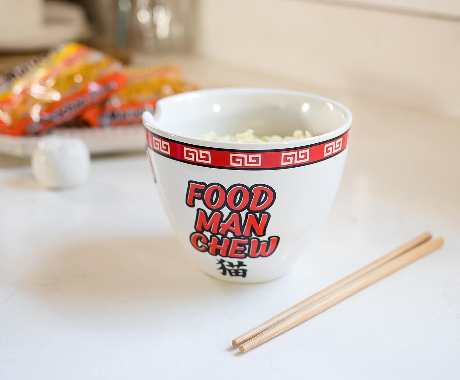 Boom Trendz Bowl Bop Food Man Chew Instant Ramen Bowl with Chopsticks | 16-Ounce Ceramic Ramen Noodle Bowl Set | Home and Kitchen Dinnerware Set Microwavable | Kitchenware Gifts and Collectibles