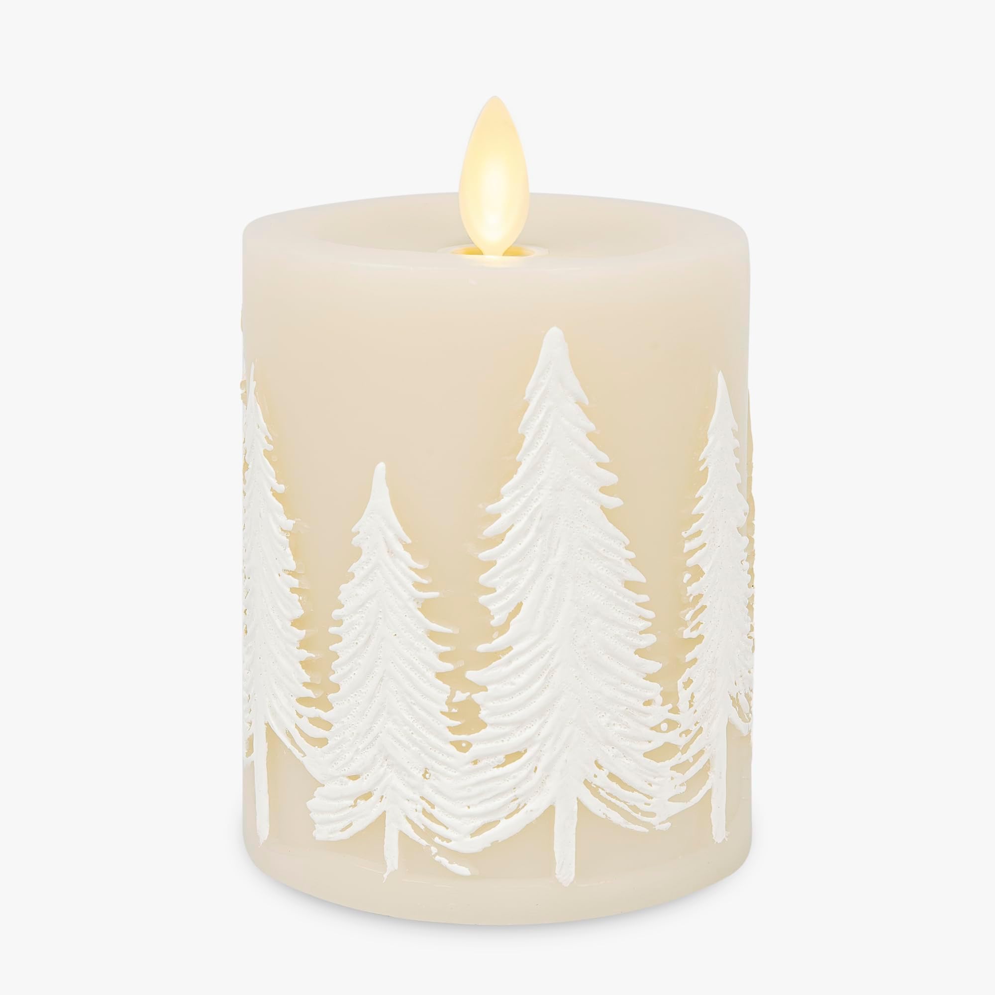 White Swan Embossed Trees Flameless LED Candle, 3.2" x 4.5", Moving Flame, Safe Timer Feature, Real Wax, Battery Operated Home Décor