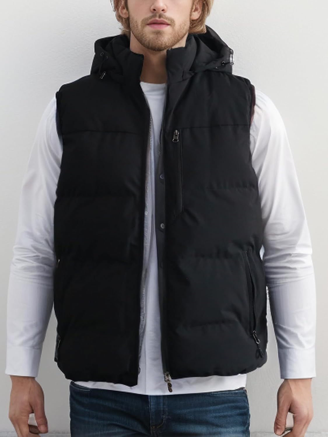Men's Winter Puffer Vest Removable Hooded Quilted Padded Sleeveless Vest Casual Warm Zip Up Jacket Outerwear - Image 2